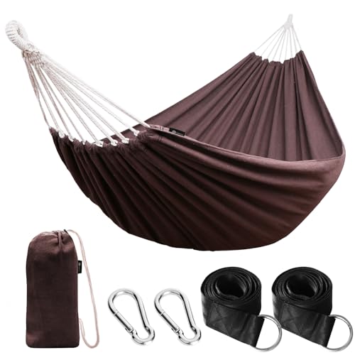 ANYOO Cotton Hammock Portable Camping Hammocks for Hanging Sturdy Garden Comfortable Fabric Hammock with Tree Straps Up to 660lbs with Travel Bag for Camping Outdoor/Indoor Patio Backyard - color: Brown