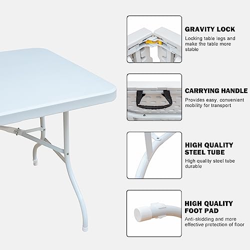 6ft Plastic Folding Table Portable Heavy Duty White Dining Table Fold-in-Half for Camp Party Kitchen Indoor Outdoor - color: White, size: 6FT1, style: Flat Desktop
