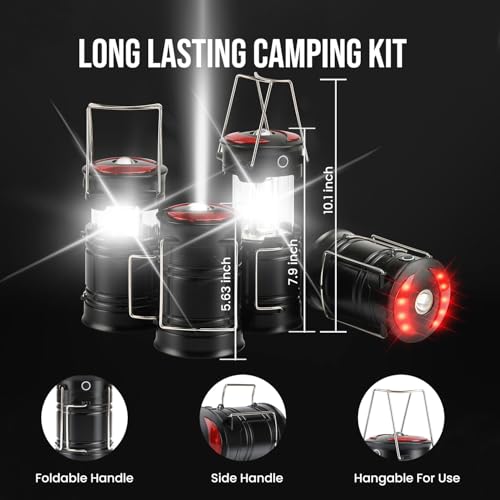 Lichamp 4 Pack Camping Lanterns Rechargeable and Battery Powered, Dual Power Source and 4 Mode Lantern Flashlight COB Camp Light for Power Outages, Camping Supplies and Home Hurricane Supplies, E4BK