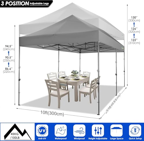 COBIZI 10x20 Heavy Duty Pop up Canopy Tent with 6 sidewalls Easy Up Commercial Outdoor Wedding Party Tents for Parties All Season Wind & Waterproof Gazebo Roller Bag, Light Grey(Frame Thickened) - color: Light Grey, size: 10x20 With 6 Sidewalls