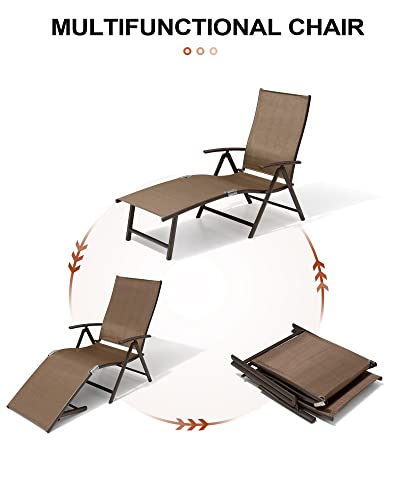 Crestlive Products 2PCS Chaise Lounge Chair Outdoor with 1PC Side Table, Aluminum Folding Patio Recliner Chair, Adjustable 8 Positions Assemble-Free - color: Brown, size: 3 Pcs