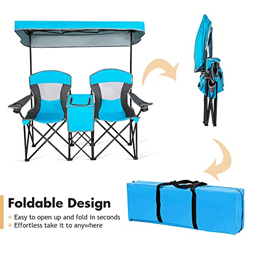 DORTALA Double Camping Chair with Canopy, 2 Person Folding Beach Chair with Canopy Shade, Table Beverage Holder and Storage Bag, Double Rocker Chair Outdoor for Camping, Beach, Picnic, Blue - color: Blue