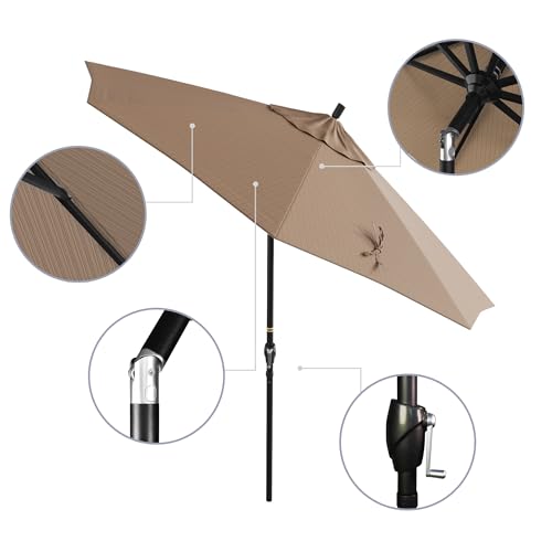 California Umbrella 9' Round Aluminum Market Umbrella, Crank Lift, Push Button Tilt, Black Pole, Terrace Sequoia Olefin - color: Terrace Sequoia