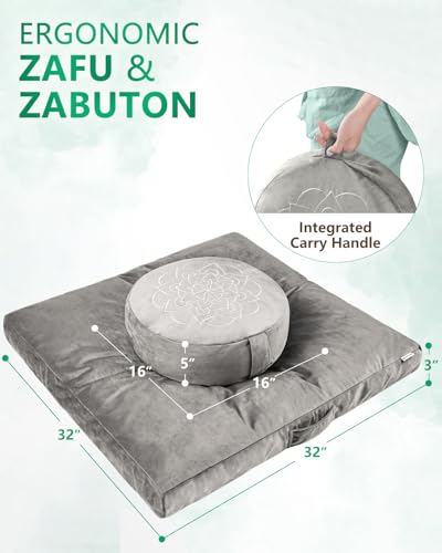 Hihealer Meditation Cushion Set – Large Rose Velvet Zafu & Zabuton Floor Pillow Traditional Tibetan Yoga Bolster for Adults Buckwheat Filled for Comfort Support - color: Gray-c
