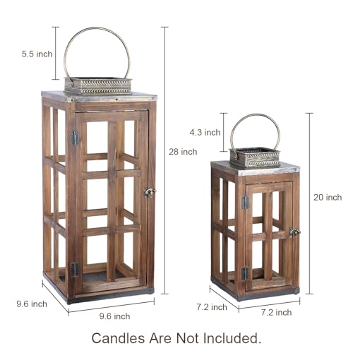 Large Farmhouse Wooden Metal Lantern Set of 2, 28''/20'' H Rustic Decorative Indoor & Outdoor Hanging Candle Lanterns, Wooden Outdoor Lanterns for Patio Front Porch Table, Dark Brown - color: Rustic Brown, size: 2 Pcs-28''/20'' H