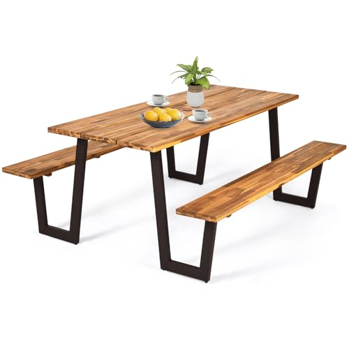 S AFSTAR 70" Outdoor Picnic Table, Heavy Duty Wooden Table and Bench Set with Umbrella Hole, All-Weather Acacia Wood Picnic Tables for 6, Garden, Backyard, Porch, Patio - size: Without Umbrella