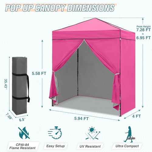EAGLE PEAK 6x4 Instant Pop Up Canopy Tent with 4 Side Wall Panels, Straight Leg Sun Shelter, Portable Canopy with Carry Bag for Camping, Beach & Sports, Pink - color: Pink, size: Four Walls
