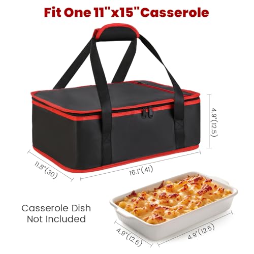 Bodaon Insulated Casserole Carrier for Hot or Cold Food, Fits 9"x13" and 11"x15" Baking Dish with Lid, Insulated Carriers for Transport, Travel Food Warmer Container Bags (Single Decker, Black-Red) - color: Black-Red Edge