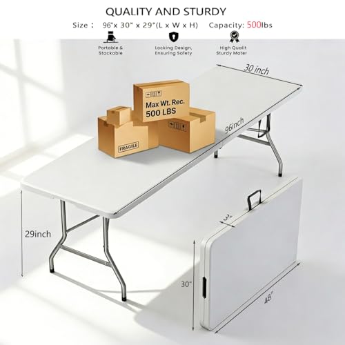 8FT Heavy Duty Folding Table,Fold-in-Half Portable Plastic Utility Table with Carry Handle&Locking Legs,Indoor Outdoor Table for Watch Party,Tailgate,BBQ,Camping,Events,Backyard Dining–White - color: White, size: 8FT