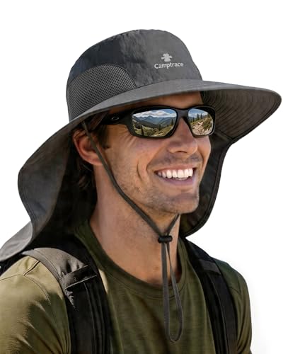 Camptrace Sun Hats for Women Men UPF 50+ UV Protection Wide Brim Hiking Fishing Hat with Neck Flap - color: 06-dark Grey