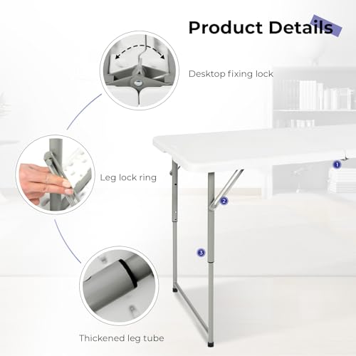 Byliable Folding Table 4 Foot Portable Heavy Duty Plastic Fold-in-Half Utility Table Small Indoor Outdoor Adjustable Height Folding with Carrying Handle, Camping and Party,White | Portable - color: White, size: 4FT