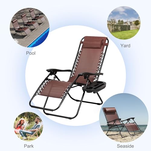 Nazhura Set of 2 Relaxing Recliners Patio Chairs Adjustable Steel Mesh Zero Gravity Lounge Chair Beach Chairs with Pillow and Cup Holder Khaki (Brown) - color: Brown