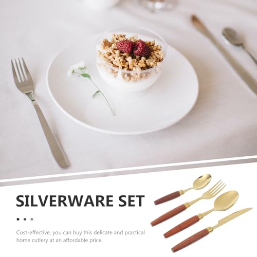 MAGICLULU Vintage Wood Handle Camping Cutlery Set 4pcs Stainless Steel Flatware Kit with Gold-grey Carry Bag for Outdoor Picnic and Hiking