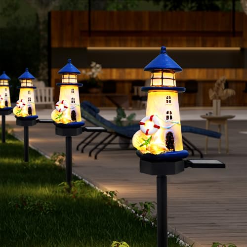 Lighthouse Solar Lights Outdoor, Lighthouse Decor Lighthouses Gifts Nautical Decor for Home, Waterproof Decorative Solar Powered Garden Stake Light for Outside Lawn Christmas Patio Yard (Blue) - color: White
