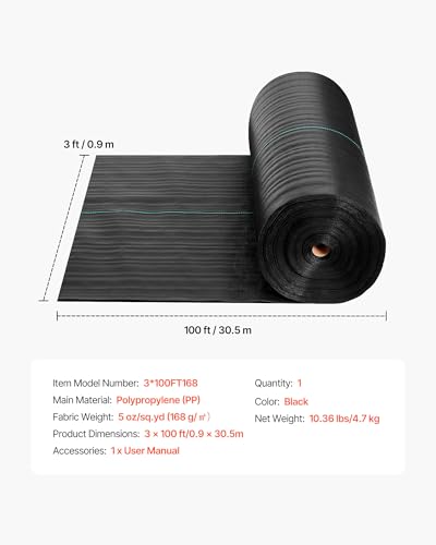 VEVOR Weed Barrier Fabric Heavy Duty, 3x100FT 5oz Landscape Fabric, Woven Weed Blocker Fabrics, Garden Fabrics Weeds Barrier, Weeds Control Ground Cover, Geotextile Webbing, Gardening Mat, Black - size: 3FT*100FT-5oz