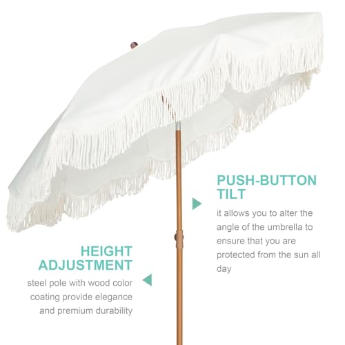 AMMSUN Boho Fringe Umbrella Outdoor Patio, 6.5ft UPF50+ Picnic Umbrella with Tassels with Steel Pole and Push Button Tilt, Antique White - color: Antique White