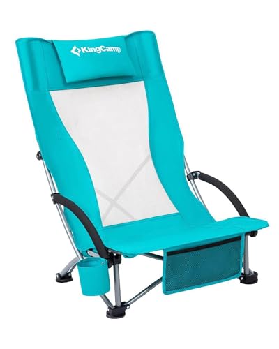 KingCamp Low Beach Chair, High Back Folding Camping Chair for Adults, Oversized Breathable Mesh Seat, 300lbs Heavy Duty Portable Chair with Cup Holder & Storage Pockets for Beach, Outdoor - color: Ergobreeze-cyan-1 Pack