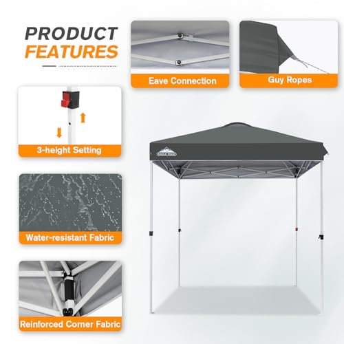 EAGLE PEAK Pop Up Canopy Tent with Wheeled Carry Bag, 8 Stakes, 4 Ropes, Easy Set Up Tent Canopy, 6.6x6.6 ft, Gray - color: Gray, size: 6.6x6.6
