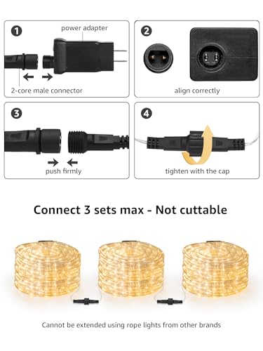 LE 33ft 240 LED Rope Lights Outdoor 24 Volts, 3/8 inch Clear Tube, Upgraded 2700K Warm White, Connectable (Up to 3 Sets), Not Dimmable, Waterproof String Lights for Patio Deck Railing Stair Landscape - color: Warm White