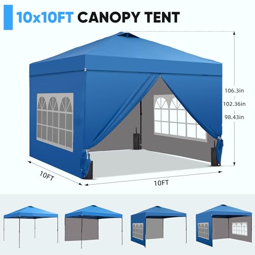 GDY 10x10 Pop Up Canopy Tent with 4 Sidewalls, Easy Set up with One Push Lift Outdoor Silver Coated Beach Gazebos, Carpas with 4 Sandbags, for Events, Parties, and Camping, Navy Blue. - color: Blue, size: 10x10 with 4 Sidewall