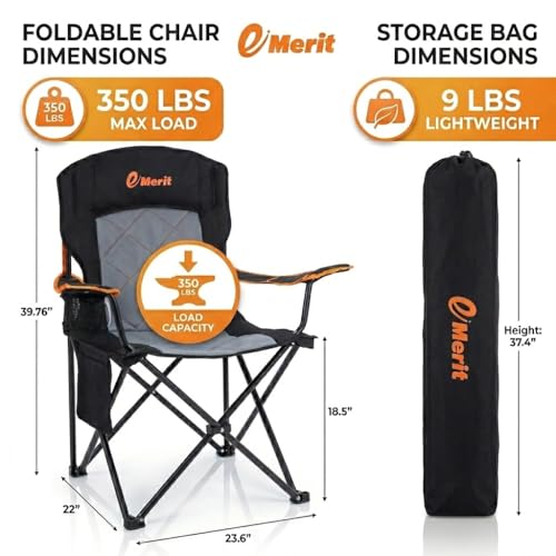EMERIT Oversized Padded Camping Chair, 350LB Heavy Duty Quad Fold Chair with Arms, Collapsible Outdoor Chairs with Lumbar Back & Cup Holder - color: Black