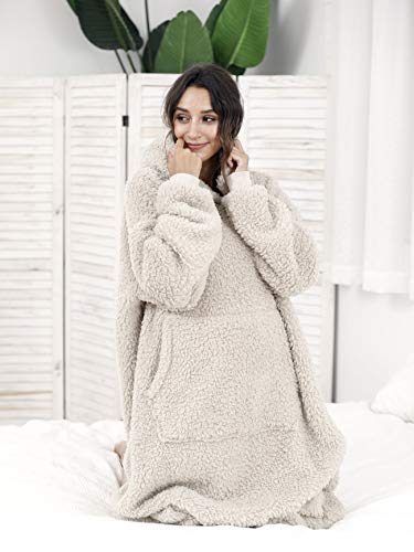 Sherpa Wearable Blanket Oversized Hoodie Sweatshirt TV Blanket with Long Sleeves and Pocket-Beige - color: Beige