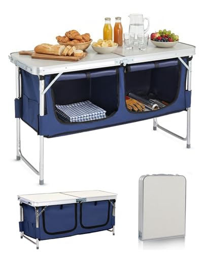 Outvita Folding Table, 4FT Aluminum Camping Table with Large Storage Space and Adjustable Height Picnic Table Lightweight for Carring Outdoor Party Events Beach - color: White, style: With blue storage bag