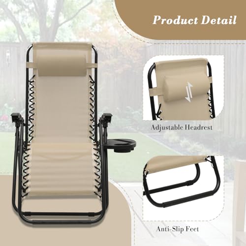Athena Collection Zero Gravity Outdoor Lounge Chair Set of 2 with Side Table, 25" Width Pool Lounge Lawn Chairs Reclining with Cup Holder, Outdoor Chaise for Beach Patio Backyard Outside, Beige - color: Beige, style: 25" Width