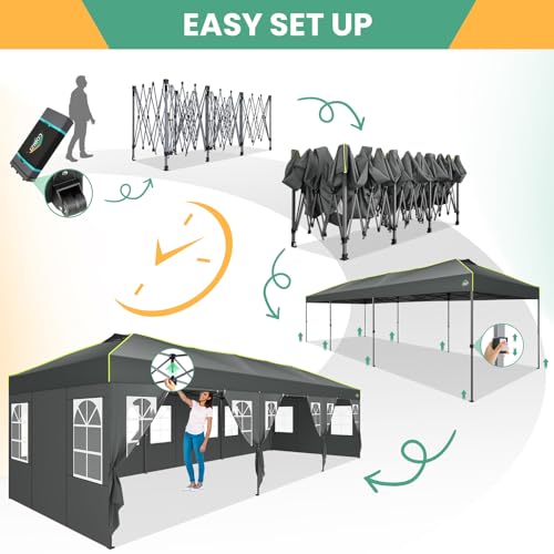 COBIZI 10x30 Pop Up Canopy Tent, Wedding Party Tent with 8 Sidewall One Push Setup Glow, 3 Adjustable Height Air Vent Waterproof UPF50+, Wheeled Bag, Sandbag, Stake, Rope for Commercial, Outdoor - color: Gray, size: 10x30 with 8 Sidewalls