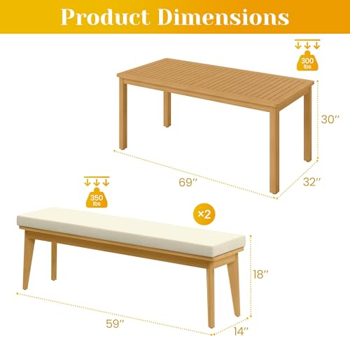FansaFurn 3-Piece Outdoor Dining Set for 4 with 2 Benches and Cushion, All-Weather Acacia Wood Patio Table and Bench Set for Garden and Lawn, Beige