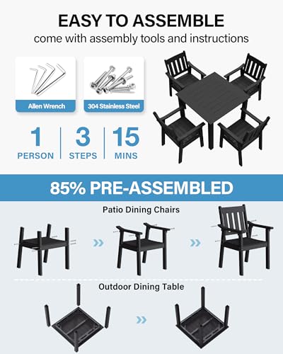 YEFU HIPS Patio Table Set: 5 Piece Outdoor Square Table and Chairs with Metal Aluminum Frame - Black Modern Plastic Patio Dining Furniture Set 4 Person for Outside Deck - color: Black, size: 5 Piece（Square）
