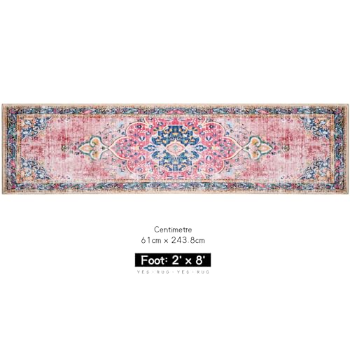 2x8 Runner Rug Pink Boho Area Rug for Hallway Entryway Kitchen Laundry Room Bathroom Bedroom Non Slip Blush Vintage Rug Indoor Lightweight Carpet - color: A#pink, size: 2' x 8' (Rectangular)
