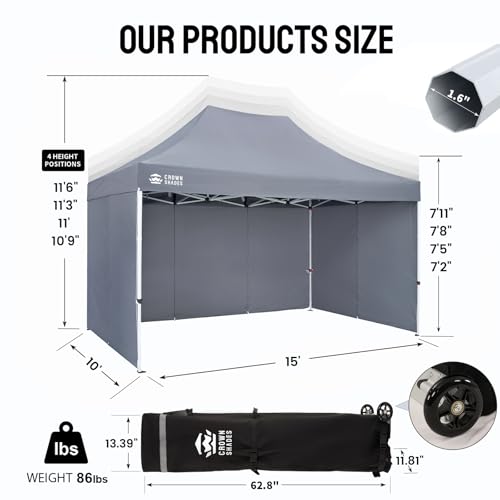 CROWN SHADES 10x15 Pop Up Canopy Tent, Thicken Frame Commercial Heavy Duty Tent with 4 Sidewalls 8 Stakes & 4 Sandbags & 4 Ropes, Outdoor Canopies for Events, Parties,Grey - color: Gray, size: 10x15 Heavy Duty