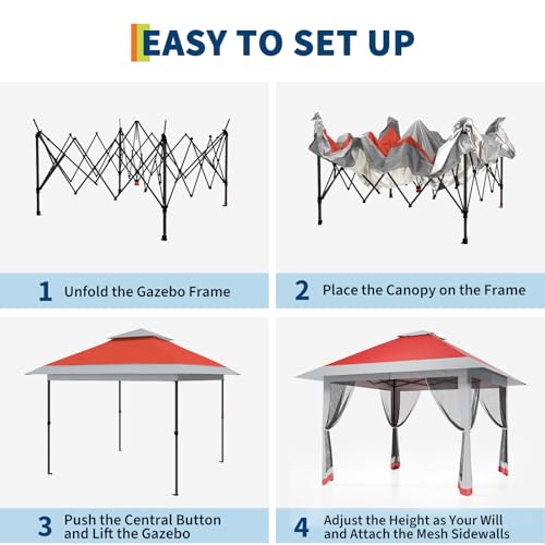 13X13 Pop Up Gazebo,Outdoor Canopy Tent with Mosquito Netting, Double Vented Roof Sun Shelter with Adjustable Heights,Outdoor Gazebo for Backyard & Patio Furniture.（Red+light gray-four sides Gazebos）. - color: Red+light gray
