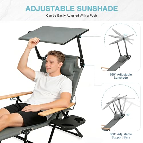 Outdoor Chaise Lounge Chair with 4-Position Adjustable Backrest,Patio Folding Sun Tanning Chair,Pillow & Cup Holder,Portable Recliner Sunbathing Lounger Chairs for Beach Garden (Grey with Shade) - color: Grey With Shade
