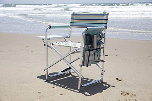 PICNIC TIME Sports Chair with Side Table and Armrest Caddy, Lightweight Aluminum Folding Outdoor Camping Chair for Adults, Portable Director Style Lawn Seating with Pockets & Carry Strap, (St. Tropez) - color: St. Tropez Collection - Sky Blue With Multi S