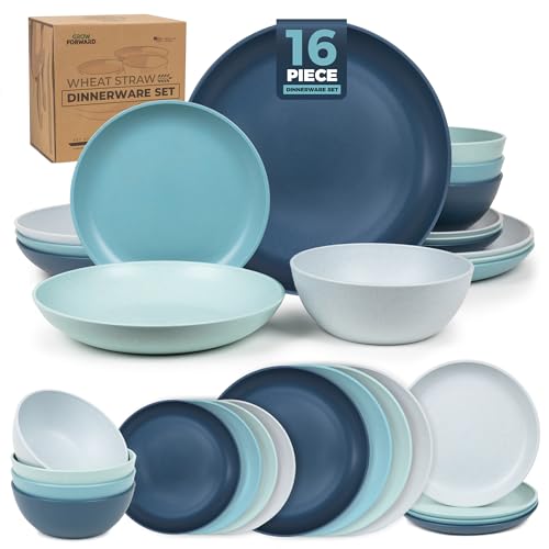 Grow Forward 16-piece Premium Wheat Straw Dinnerware Sets for 4 - Unbreakable Dishwasher & Microwave Safe Plastic Plates and Bowls Sets - Patio, Outdoors, RV, Camping Dishes - Seascape - color: Seascape