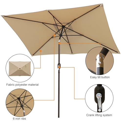 Blissun Rectangular Patio Umbrella, Table Market Umbrella with Tilt and Crank, Outdoor Umbrella for Garden, Deck, Backyard, Pool and Beach - color: Tan, size: 6.5 x 10 FT