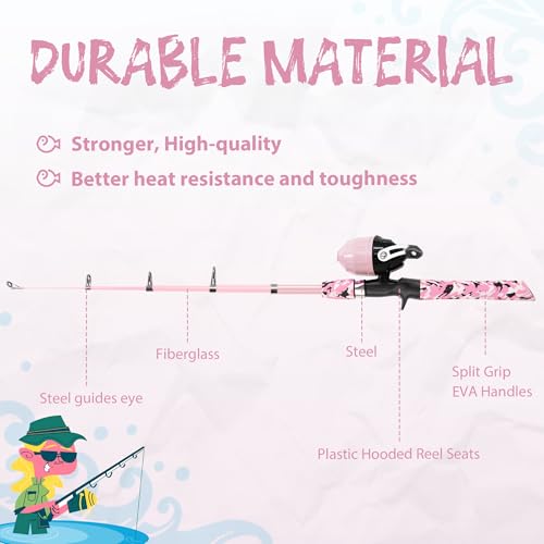 WIDDEN Kids Fishing Pole, Portable Telescopic Kids Fishing Poles for Boys and Girls, Fishing Rod and Reel Combo Kit with Tackle Box, and Fishing Net, Best Fishing Pole for Toddler Youth - color: Light Pink