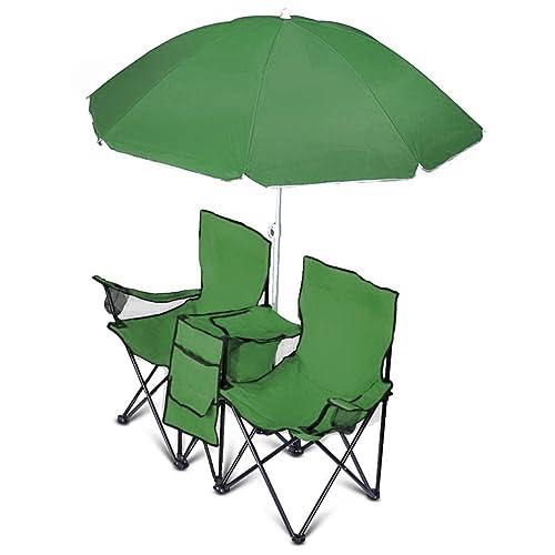 GoTEAM! Portable 2-Seat Folding Camp Chair with Cooler, Umbrella & Cup Holders – Outdoor Picnic, Beach, or Tailgate Seating – Carry Case Included - color: Green