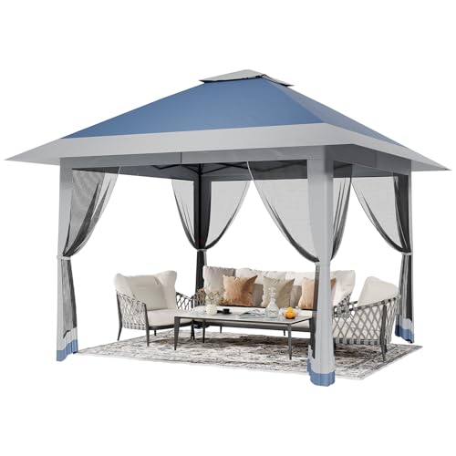 13X13 Pop Up Gazebo,Outdoor Canopy Tent with Mosquito Netting, Double Vented Roof Sun Shelter with Adjustable Heights,Outdoor Gazebo for Backyard & Patio Furniture.（Navy Blue-Four Sides gazebos） - color: Navy blue + heather gray