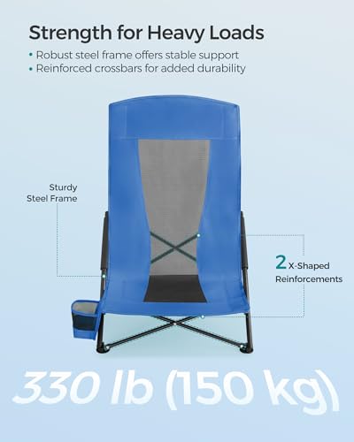 SONGMICS Set of 2 Portable Beach Chairs for Adults, Max. Load 330 lb Each, High Backrest, Cup Holder, Lightweight, Heavy-Duty, Blue UGCB067Q02V1 - color: Blue, style: 2 Pack