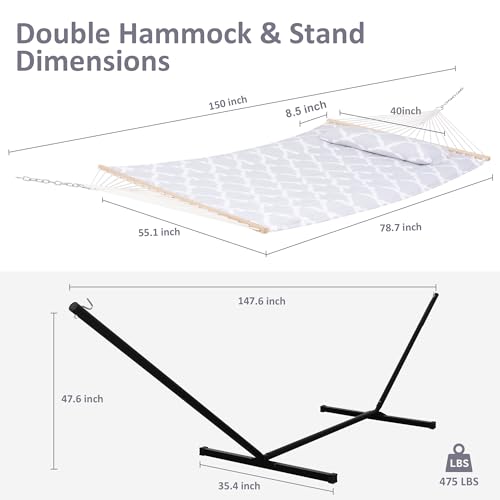 SUNCREAT Double Hammock, Extra Large Quilted Fabric Swing with Hardwood Spreader Bars & Detachable Pillow, Heavy Duty, Perfect for Indoor/Outdoor Patio, Deck, Yard, Gray Cloud - color: Light Gray&white, size: 12 ft Stand