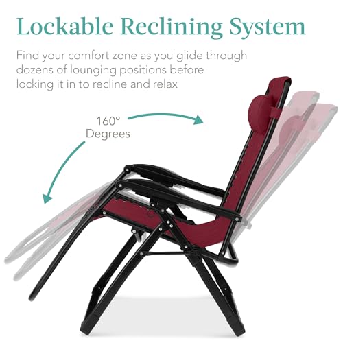 Best Choice Products Oversized Zero Gravity Chair, Folding Outdoor Patio Recliner, XL Anti Gravity Lounger w/Removable Cushion, Cup Holder, Side Tray, 350lb Capacity - Burgundy - color: Burgundy