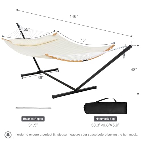 Outdoor Hammock with Stand Included, Two Person Hammock with Curved Spreader Bar, Pillow and Portable Bag, 450 Lbs Capacity, Beige - color: Beige