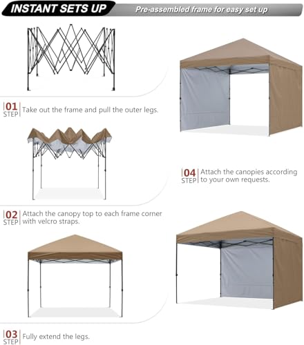 ABCCANOPY Easy Pop up Canopy Tent with 2 Sidewalls for Outdoor Sun Blocking or Rain Protection,8x8, Khaki - color: Khaki, size: 10x10