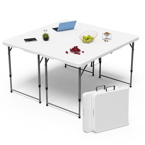 Folding Table 4 Foot for Indoor Outdoor, Portable Heavy Duty Fold-in-Half Utility Small Plastic Adjustable Height Folding with Carrying Handle for Picnic and Party, White (White, 4 FT - 2 PACK) - color: White, size: 4 Ft - 2 Pack