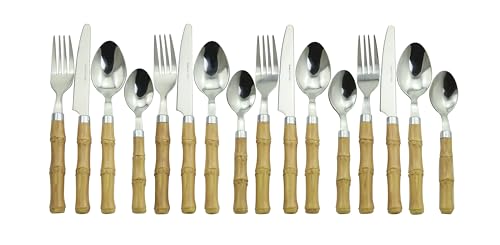 The Original Brink House Beyond Bamboo Stainless Steel Cutlery Set with Naturalistic Bamboo Handles / 16 pieces with Metal Stand, Lifestyle utensils set for home, first apartment, dorm, outdoor events - color: Beyond Bamboo, size: Service for 4 (16 pcs)