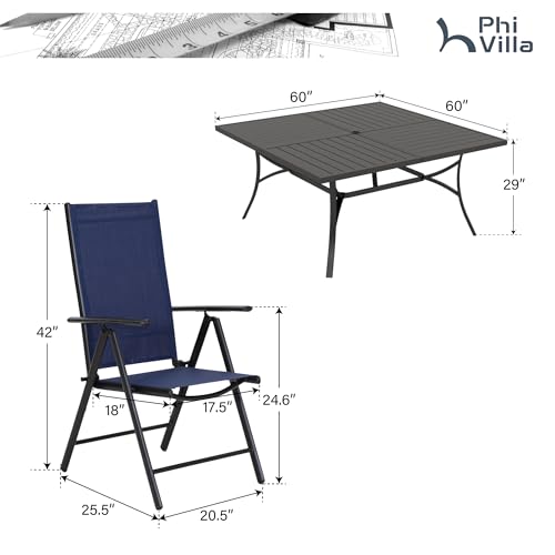 PHI VILLA 9 Piece Patio Dining Set, Outdoor Dining Furniture Patio Table Set with Adjustable Portable Patio Folding Chairs (Blue) & Large Square Outdoor Dining Table for Yard, Garden and Lawn - color: Blue, size: 9 Piece Square