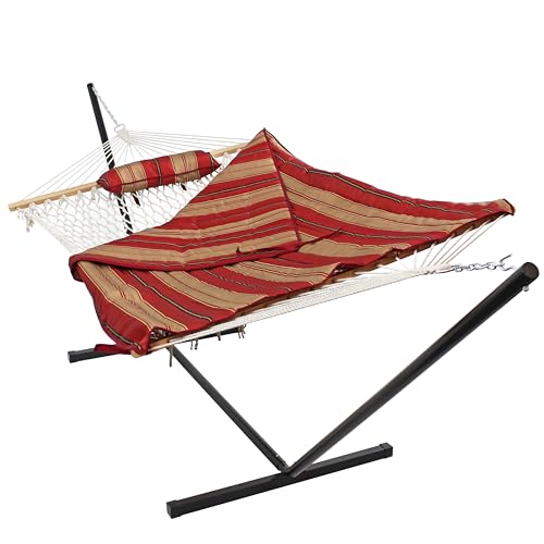 Sunnydaze Rope Hammock with Stand for Outside - Heavy Duty Freestanding Portable Outdoor Hammock Set with Quilted Pad, Pillow, and 12-Foot Steel Frame - 275 lb Capacity - Awning Stripe - color: Awning Stripe